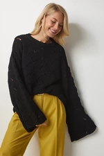 Happiness İstanbul Women's Black Diamond Patterned Openwork Knitwear Sweater