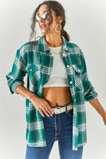 Olalook Women's Emerald Green Double Pocket Loose Plaid Cachet Shirt