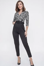 By Saygı Collar, Double Breasted Zebra Patterned Belt, Half Sleeves, Pockets, Knitted Crepe Jumpsuit Black.