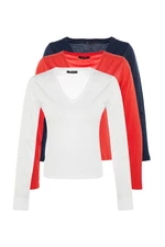 Trendyol námořnická modrá-bílá-červená 100% bavlněná sada 3 základních pletených triček s výstřihem do V