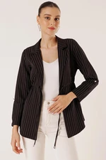 By Saygı Longitudinal Pinstripe Drawstring Waist Coated Sleeves Jacket By Saygı Longitudinal Pinstripe Drawstring Waist Coated Sleeves Jacket
