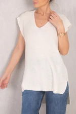 armonika Women's Ecru V-Neck Front Short Back Long Sweater