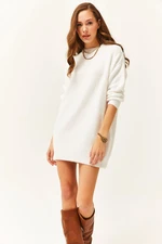 Olalook Women's White Crew Neck Soft Textured Bearded Tunic Dress