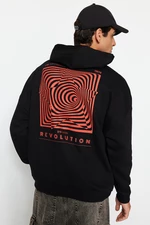 Trendyol Black Men's Oversized Hooded Labyrinth Printed Sweatshirt with a Soft Pile inside.
