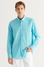 AC&Co / Altınyıldız Classics Men's Turquoise Tailored Slim Fit Oxford Buttoned Collar Linen-Looking 100% Cotton Flared Shirt.