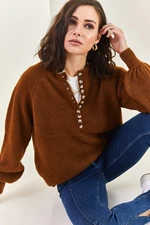 Bianco Lucci Women's Button Down Turtleneck Knitwear Sweater