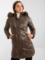 Dark brown lacquered winter jacket with stitching
