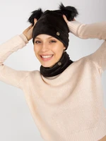 Lady's black winter set with beanie with pom-poms