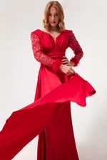 Lafaba Women's Red V-Neck Long Evening Dress with Slits.