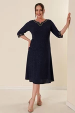 By Saygı Navy Blue Plus Size Lined Silvery Dress With Stone Detailed Collar And Sleeves.