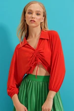 Trend Alaçatı Stili Women's Coral Shirt Collar Sandy Crop Blouse with Smocking