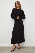 Vlnená sukňa BA&SH čierna farba, midi, áčkový strih