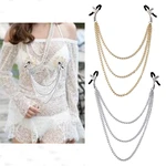 Women Sexy Non Piercing Fake Piercing Faux Nipple Non-Piercing with Body Chains Nipple Clamps Clips Fake Nipple Rings