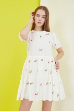 Trendyol Ecru Straight Cut Mini Woven Lined Floral Embroidery Woven Dress