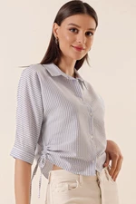 By Saygı Longitudinal Stripe Capri See-through Shirt with Bat Sleeves with Drawstrings at the Side
