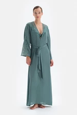 Dagi Green Long Dressing Gown with Lace Detail