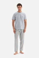 Dagi Light Blue Crew Neck Print Detailed Top Stripe Bottom Pajamas Set