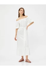 Koton Midi Dress with Open Shoulder Belted