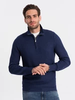 Ombre Men's knitted sweater with spread collar - dark blue