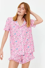 Trendyol Ružová 100% Bavlnená Zábavná Vzorovaná Košeľa-Šortky Pletená Pyžamová Súprava