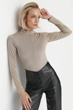 Trendyol Mink Zipper Standing Collar Long Sleeved Flexible Knitted Bodysuit