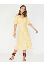 Koton Women's Yellow Short Sleeve Ruffle Detail Midi Dress