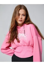 Koton Printed Hoodie and Sweatshirt with Corset Detail at the Waist.