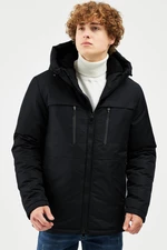 River Club Pánsky čierny vláknom lemovaný vodou a vetruodolný zimný kabát s kapucňou & kabát & parka