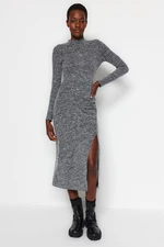 Trendyol Anthracite Crew Neck Fluffy Midi Slit and Gathered Detail Fitted Knitted Dress