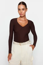 Trendyol Brown Ottoman Slim Stitch Detailed V Neck Elastic Knitted Blouse