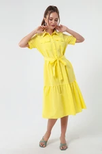 Lafaba Women's Yellow Covered Buttons and Belted Dress Wide Sizes