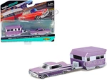 1959 Chevrolet Impala Purple Metallic with White Graphics and Alameda Trailer Purple Metallic and White "Tow &amp; Go" Series 1/64 Diecast Model Car