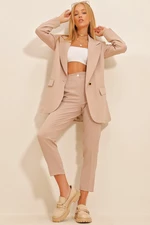 Trend Alaçatı Stili Women's Beige Single Button Lined Jacket and Pants Suit