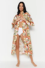 Trendyol Tropický Vzorovaný Maxi Tkaný Kimono & Kaftan s Páskem ze 100% Bavlny