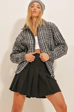 Trend Alaçatı Stili Women's Black Patterned Zippered Seasonal Bomber Jacket with Elastic Waist