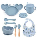 9PCS/Set Baby Silicone Tableware Cup Bowl Crab Plate Tray Bibs Spoon Fork Sets Children Non-slip Feeding BPA Free Dinnerware
