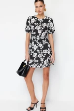 Trendyol Black Floral Skater/Belt Opening Back Detail Mini Woven Dress