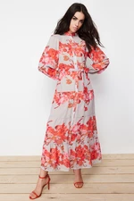 Trendyol Beige Lined Floral Pattern Belted Woven Dress