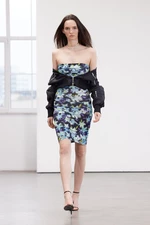 Trendyol Limited Edition Blue Floral Printed Mini Strapless Collar Stretchy Knitted Pencil Dress