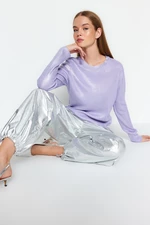 Trendyol Lilac Basic Foil pleteninový sveter s potlačou