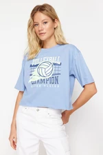 Trendyol Blue Relaxed Printed Crew Neck Crop Knitted T-Shirt