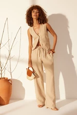 Trendyol Beige 100% Linen Elastic Waist High Waist Wide Leg Trousers