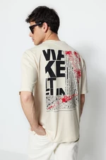 Trendyol Stone Relaxed/Comfortable Cut Text Printed 100% Cotton T-Shirt