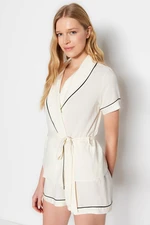 Trendyol Beige Belted Piping Detailed Viscose Shirt-Short Woven Pajamas Set