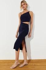 Trendyol Navy Blue Cut Out Body Fitted Detailed Midi Flexible Knitted Midi Pencil Dress