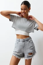 Trendyol Gray Ripped Detailed High Waist Denim Shorts