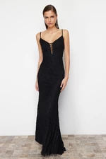 Trendyol Black Lace Long Evening Dress with Binding Detail on the Chest