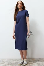 Trendyol Navy Blue Knitwear Tape Detailed Crew Neck Short Sleeve Flexible Midi Knitted Maxi Dress