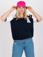 White and dark blue blouse plus size with short sleeves