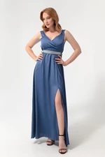 Lafaba Women's Indigo Double Breasted Collar Long Evening Dress with Stones and Belt.